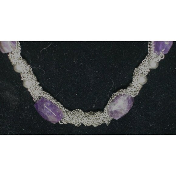 Amethyst & Silver Chain Necklace With Faux Pearl Accents - Picture 3 of 4